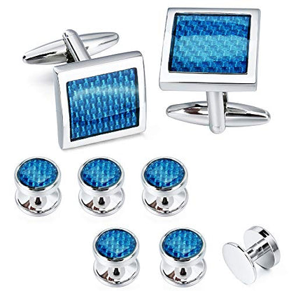 Mens Cufflinks and Tuxedo Studs Set in Gift Box (Carbon Fiber), Jewelry or Accessories in Gold Silver Black Tone, Matching with Shirts Vest and Bow tie, Suitable for Birthday Wedding Anniversary - color: Sky blue