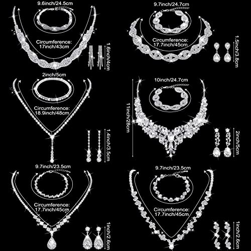 Jexine 6 Sets Silver Jewelry Set for Women Wedding Silver Crystal Rhinestone Necklace Earrings Bracelet for Bride Bridal Bridesmaid - style: Classic