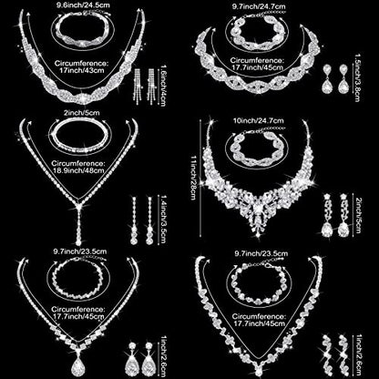 Jexine 6 Sets Silver Jewelry Set for Women Wedding Silver Crystal Rhinestone Necklace Earrings Bracelet for Bride Bridal Bridesmaid - style: Classic