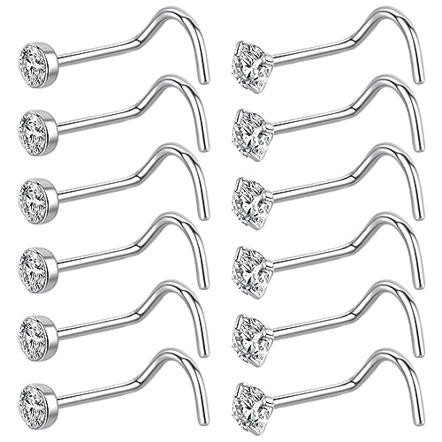 12Pcs Corkscrew Nose Studs L Shaped 18 20 Gauge Nose Piercings Nose Rings Studs Nostril Nose Piercing Jewelry Surgical Steel Nose Stud Nose Jewelry Real Nose Piercing Stud 18G 20G Screw Nose Rings Curved Nose Screw Studs for Women Men 2mm 2.5mm 3mm CZ Gol