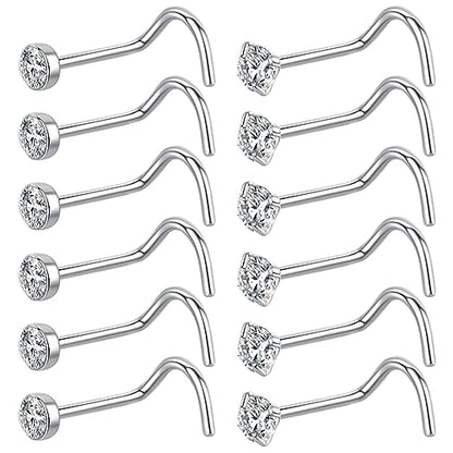 12Pcs Corkscrew Nose Studs L Shaped 18 20 Gauge Nose Piercings Nose Rings Studs Nostril Nose Piercing Jewelry Surgical Steel Nose Stud Nose Jewelry Real Nose Piercing Stud 18G 20G Screw Nose Rings Curved Nose Screw Studs for Women Men 2mm 2.5mm 3mm CZ Gol