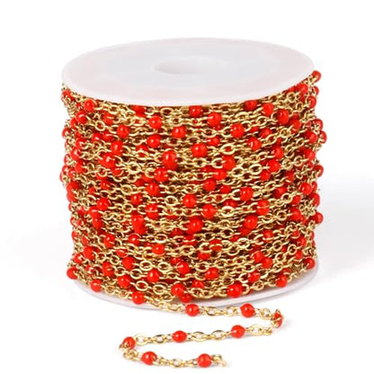 33FT 2mm Gold Cable Chains Red Enamel Chains Bulk Roll for Jewelry Making | 18K Gold PVD Plated Stainless Steel Enamel Beaded Chains Roll for Necklace Bracelet - color: Gold Red Beads