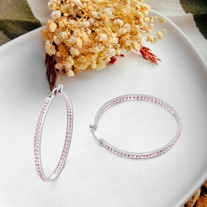 2 Inch Earrings for Women, Large Hoop Earrings for Women Rhinestone Crystal Stainless Steel Earrings - color: Pink