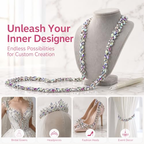 Rhinestone Chain Trim 1 Yard Sew-On Crystal for Wedding Bridal | 90cm long, 1.5cm wide marquise AB crystal bling chain with craft scissors for bridal dress veil cake DIY - color: Rainbow