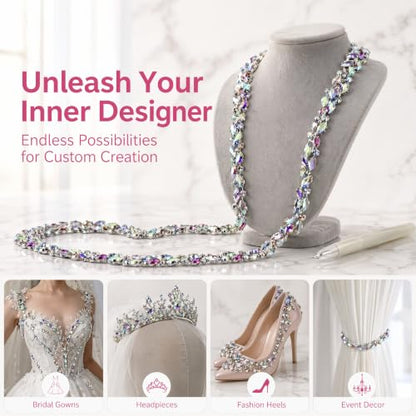 Rhinestone Chain Trim 1 Yard Sew-On Crystal for Wedding Bridal | 90cm long, 1.5cm wide marquise AB crystal bling chain with craft scissors for bridal dress veil cake DIY - color: Rainbow