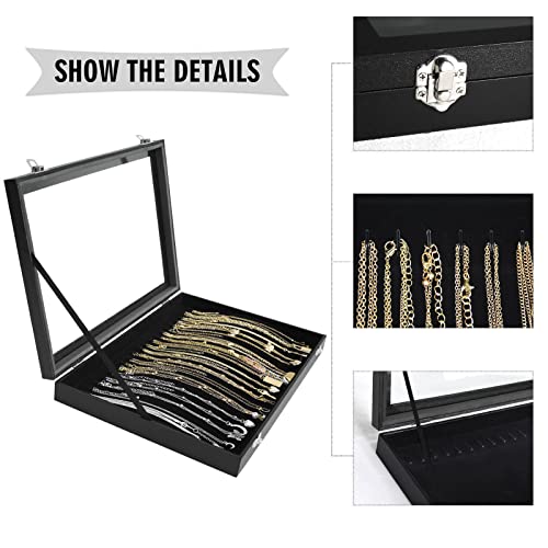 Siveit Premium Necklace Organizer Box - 20 Hooks Jewelry Tray with Transparent Lid - Display Box for Necklaces, Pendants - Suitable for Women and Girls (Black) - color: Black