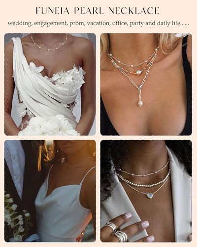 FUNEIA Dainty Pearl Necklace for Women 14K Gold Plated Faux Pearl Choker Necklaces Trendy White Silver Small Pearl Necklace Strand Wedding Prom Bridal Pearls Jewelry 14/16/18/20 Inches - color: 4mm-silver