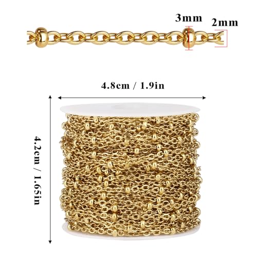 33FT 2mm 18K Gold PVD Plated Satellite Chain Roll Bulk for Jewelry Making | Gold Plated 304 Stainless Steel Ball Beaded Cable Link Chains Spool for DIY Craft - color: Gold Small Beads Satellite Cable Chain