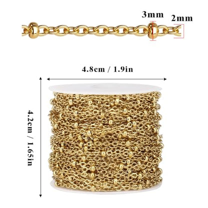 33FT 2mm 18K Gold PVD Plated Satellite Chain Roll Bulk for Jewelry Making | Gold Plated 304 Stainless Steel Ball Beaded Cable Link Chains Spool for DIY Craft - color: Gold Small Beads Satellite Cable Chain