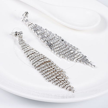 SELOVO Fashion Wedding Bride Women Long Tassel Link Fringe Dangly Earrings Clear Crystal - color: Silver