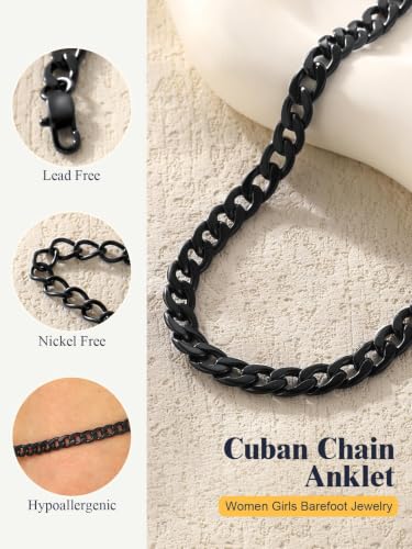 U7 Ankle Bracelets for Women Stainless Steel Waterproof Tarnish Resistant | 18K Gold Plated/Silver/Rose Gold Anklets, Cuban Chain Anklet Bracelets, Perfect for Summer Beach and Vacation Outfits - color: Black-5mm-Cuban Chain
