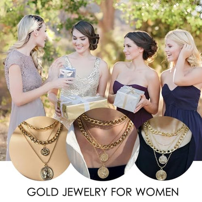 14K Gold Plated Layered Necklaces Retro Coin Necklace Set Dainty Gold Jewelry for Women - color: Gold