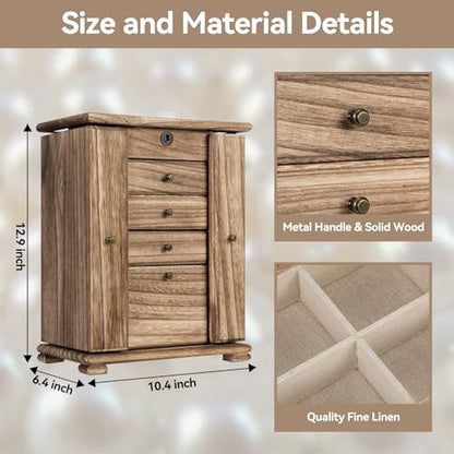 Jewelry Boxes for Women, 5 Layer Large Wooden Jewelry Organizer Box with Lock, Mirror & Drawers, Jewelry Boxes & Organizers for Necklaces Earrings Rings Bracelets (Rustic Brown)