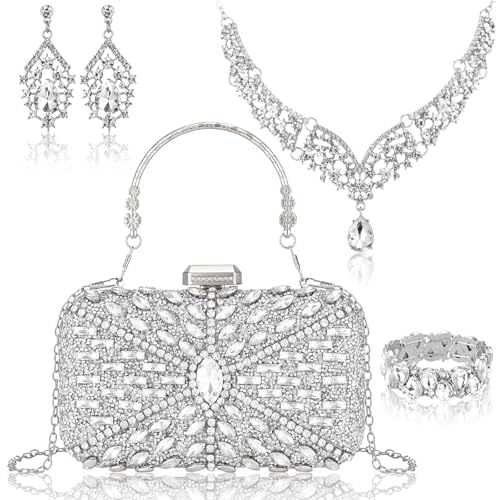 Quelay 4 Pcs Purse Rhinestone Jewelry Set Women | Wedding Bridal Prom Jewelry Sparkly Clutch Handbag with Necklace Bracelet Dangle Earrings Shiny Costume Kit - color: Silver, style: Opulent