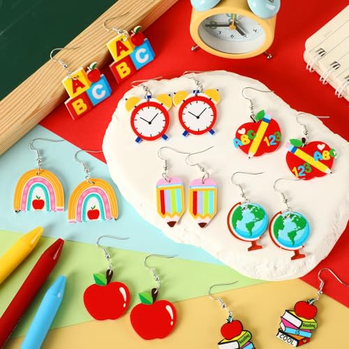 8 Pairs Back to School Acrylic Earrings for Women Dangle Jewelry | Rainbow Pencil Book Earrings, Teacher Appreciation Graduation Gift, School Theme Jewelry, Lightweight Acrylic, Double Side - style: School