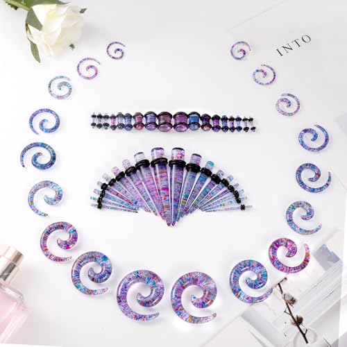 54/102Pcs Ear Stretching Kit 14G-00G Acrylic Ear Gauge Stretching Kit with Heart Plugs Gauge Tapers Ear Tunnels Horseshoes Taper Spiral Tapers Gauges Ear Expanders for Men Women - color: Pink & Purple