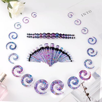 54/102Pcs Ear Stretching Kit 14G-00G Acrylic Ear Gauge Stretching Kit with Heart Plugs Gauge Tapers Ear Tunnels Horseshoes Taper Spiral Tapers Gauges Ear Expanders for Men Women - color: Pink & Purple