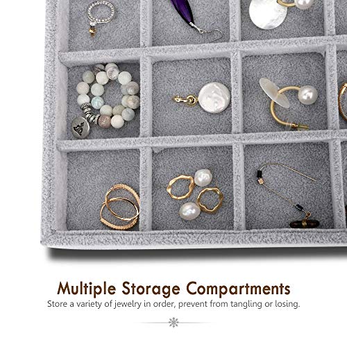 Emibele Jewelry Necklace Bracelets Earrings Organizer, 24 Grids Velvet Tray | Showcase Display Velvet Stackable Jewelry Storage Tray with Detachable Inner Dividers, Greay - style: E1- twenty-four Grids