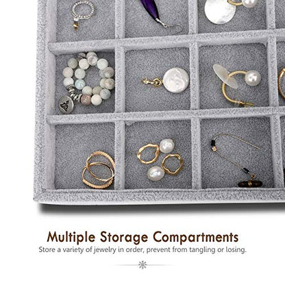 Emibele Jewelry Necklace Bracelets Earrings Organizer, 24 Grids Velvet Tray | Showcase Display Velvet Stackable Jewelry Storage Tray with Detachable Inner Dividers, Greay - style: E1- twenty-four Grids