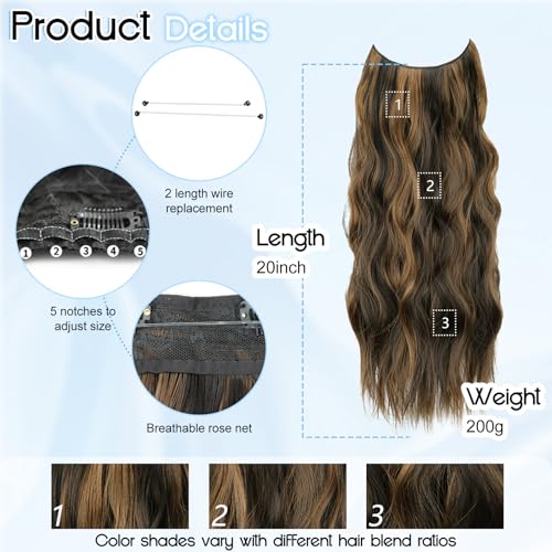 Balayage Dark Brown Halo Hair Extensions with Chestnut Highlights | 20 Inch Wavy Synthetic Fiber with Invisible Wire and 4 Secure Clips for Easy Daily Styling and Party Wear - color: Brown Highlight