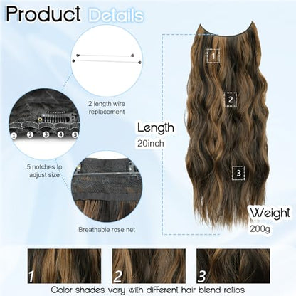 Balayage Dark Brown Halo Hair Extensions with Chestnut Highlights | 20 Inch Wavy Synthetic Fiber with Invisible Wire and 4 Secure Clips for Easy Daily Styling and Party Wear - color: Brown Highlight