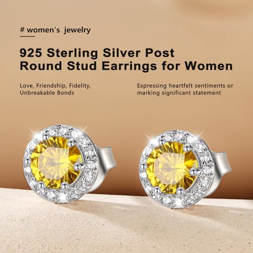 Bestyle 8mm Small Birthstone Earrings for Women with Hypoallergenic Sterling Silver Post,Sparkle Heart/Round Womens Studs Earrings, Great Birthday/Christmas/Anniversary Jewelry for Wife Mother - color: 11. Nov. Yellow Topaz-Round