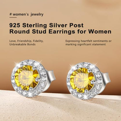 Bestyle 8mm Small Birthstone Earrings for Women with Hypoallergenic Sterling Silver Post,Sparkle Heart/Round Womens Studs Earrings, Great Birthday/Christmas/Anniversary Jewelry for Wife Mother - color: 11. Nov. Yellow Topaz-Round