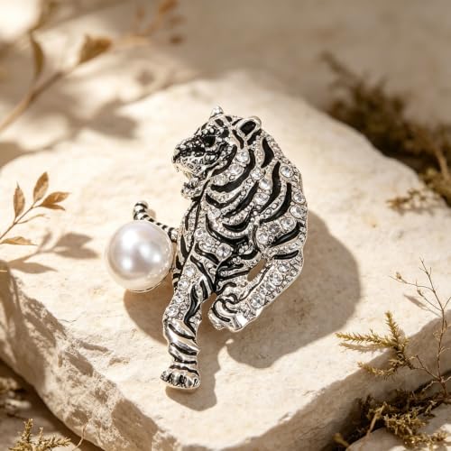 Luxury Crystal Tiger Brooch Pins for Women Men Vintage Gold-Tone Climbing Black Spots Leopard Brooch Fashion Panther Cougar Pin Suit Jackets Coat Animal Jewelry Gift - style: Silver Pearl