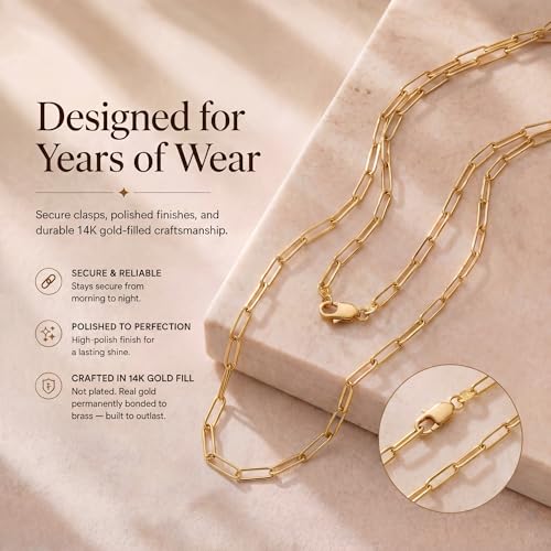 14K Gold Filled Paperclip Chain Necklace for Women – Hypoallergenic Tarnish Resistant Layering Necklace – 16 to 22 Inch - color: Paperclip 16" - 2.5mm