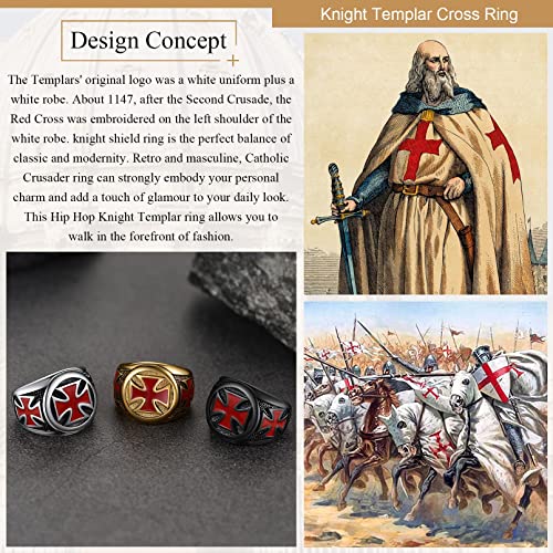 FaithHeart Mens Stainless Steel Crusader Jerusalem Cross Ring with 18K Gold Plated Two Tone Ring Size 7,8,9,10,11,12 - color: 01. Cross-Black