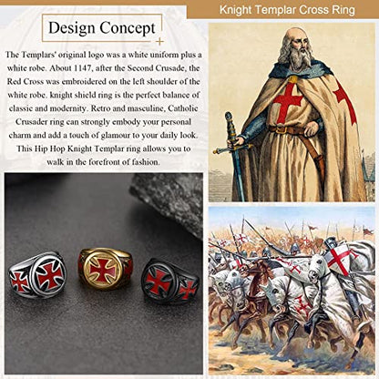 FaithHeart Mens Stainless Steel Crusader Jerusalem Cross Ring with 18K Gold Plated Two Tone Ring Size 7,8,9,10,11,12 - color: 01. Cross-Black