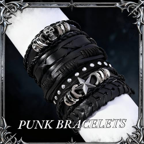 MILAKOO 6Pcs Punk Leather Bracelets for Women Men Braided PU Wristband Skull Skeleton Accessories - color: G: Black
