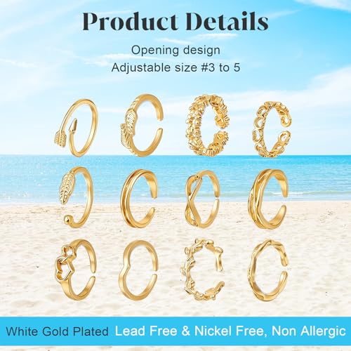 Ouligay 12PCS Toe Rings for Women Non Tarnish Silver Adjustable Toe Rings Set with Open Flower Toe Ring, Copper Crafted, Perfect Summer Beach Jewelry - color: Gold