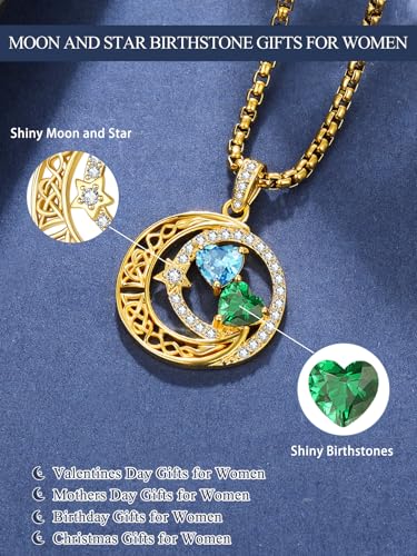 14K Gold Moon and Star Double Birthstone Necklace Gifts for Women | 2 Heart Birthstone Necklace,Mothers Day Wedding Anniversary Birthday Gifts for Wife Mom Daughter Grandma Sister - color: 03-05-Mar-May Birthstone