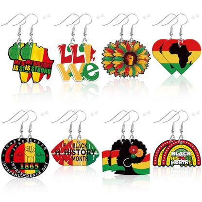 8 Pairs Black History Month Acrylic Dangle Earrings for Women | African Black Girl Earrings, Black History in February Jewelry Gifts Party Accessories, Lightweight Acrylic, Double Side - style: History Month