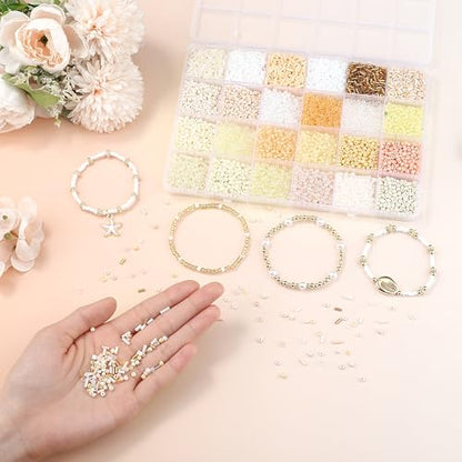 LAIDANLA 7500pcs Beige White Glass Seed Beads Kit for Jewelry Making with 3mm Tiny Bead and 4mm/6mm Bugle Tube Bead 24 Colors Waist Embroidery Beads for Bracelets Necklaces DIY Craft Beading Kit - color: Beige
