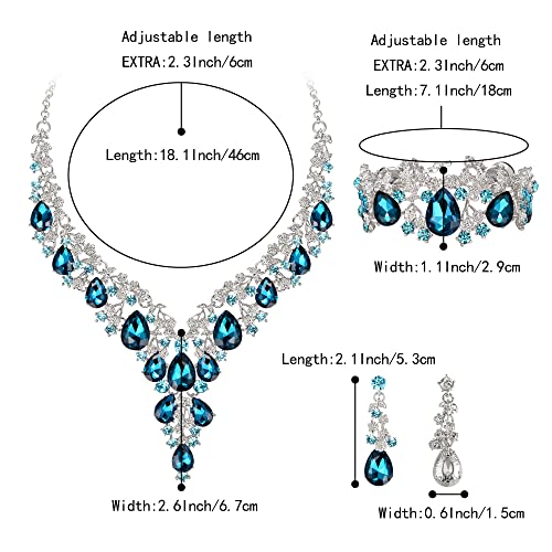 Wedding Bridal Necklace Earrings Jewelry Set for Women | Gorgeous Austrian Crystal Teardrop Flower Cluster for Bridal Bride Bridesmaid - color: 3Pcs-Blue Topaz