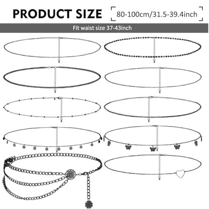 Lenwen 10 Pcs Summer Beach Belly Chain Adjustable Waist Multi Layered Chain Waist Jewelry for Women Girls Multilayer Body - color: Black, style: Stylish Style