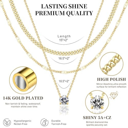 WomenGifts Layered Gold Necklaces for Women, 14K Gold Sterling Silver Plated Dainty Pendant Necklace Set Non Tarnish, Chunky Stackable Cuban Chain Choker, Trendy Birthstone Vacation Jewelry Gift - color: Gold, style: Cubic Zirconia