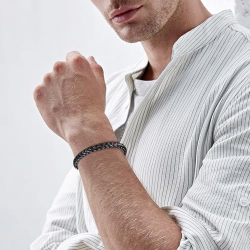 Mens Bracelet - Stainless Steel Fold Over Clasp Franco Chain Bracelets for Men - color: G-Black