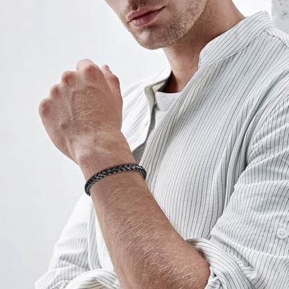 Mens Bracelet - Stainless Steel Fold Over Clasp Franco Chain Bracelets for Men - color: G-Black