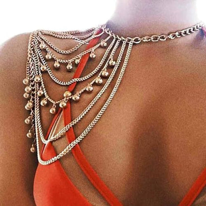 Yomiie Gold Body Chain Layered Tassels Shoulder Chain Bikini Beach Anniversary Festival for Women Uniform Dress Bikini Shoulder Accessories