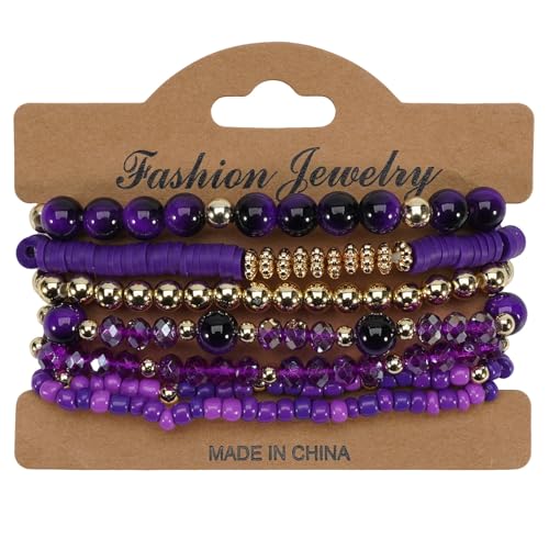 7Pcs Bohemia Multilayer Stackable Crystal Beaded Bracelet Set Multicolor Surfer Heishi Clay Gold Beaded Friendship Stretch Bracelets for Women Men Summer Beach Boho Vacation Jewelry Gifts - color: Purple