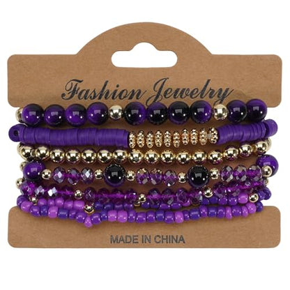 7Pcs Bohemia Multilayer Stackable Crystal Beaded Bracelet Set Multicolor Surfer Heishi Clay Gold Beaded Friendship Stretch Bracelets for Women Men Summer Beach Boho Vacation Jewelry Gifts - color: Purple