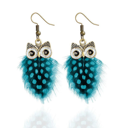 Owl Feather Earrings for Women Bohemian Vintage Personality Wave Dot Feather Dangle Drop Earrings Boho Retro Alloy Long Statement Earrings Feather Party Jewelry Gift