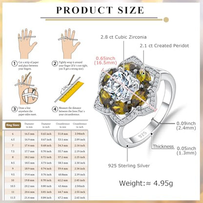 Flower Cocktail Ring for Women Stone Engagement Anniversary Rings | Sterling Silve|Hypoallergenic|Ruby|Sapphire|Emerald|Wedding and Birthday Party Women Statement Ring|Mother and Grandma Gift - color: Peridot (Aug.)