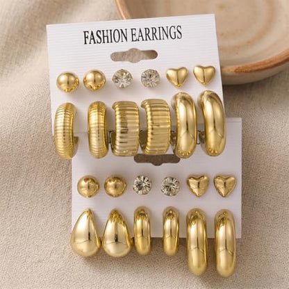 12-24pcs Handmade Crystal Heart CZ Earrings Pack Chunky Gold Earrings for Women Drop Stainless Steel Earrings Set - color: VC003/24p/Gold