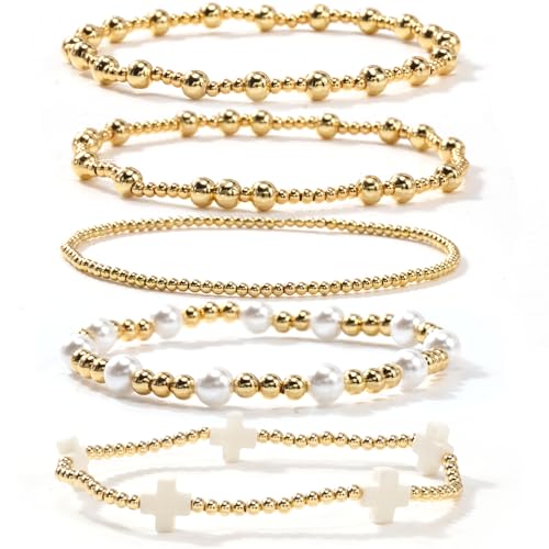 Gold Beaded Bracelets Stack for Women Stackable 14K Gold Plated Beads Ball Cross Bracelet Boho Christian Jewelry Faith Friendship Birthday Gifts for Women - color: Pearl