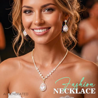 JAKAWIN Clip On Earrings and Necklace Set Silver Rhinestone Jewelry Sets - color: 2 Gold