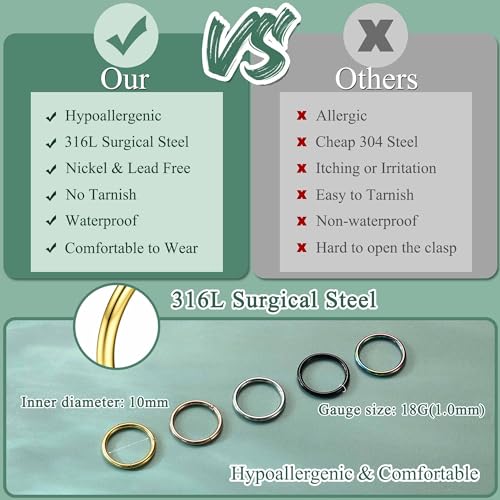 Jstyle 5Pcs 316L Surgical Steel Septum Rings Nose Rings Hoop 16G 18G 20G Hinged Clicker Hoop Nose Rings for Women Men Cartilage Hoop Earring Lip Helix Rook Tragus Conch Septum Nose Piercing Jewelry - style: 18G 10MM